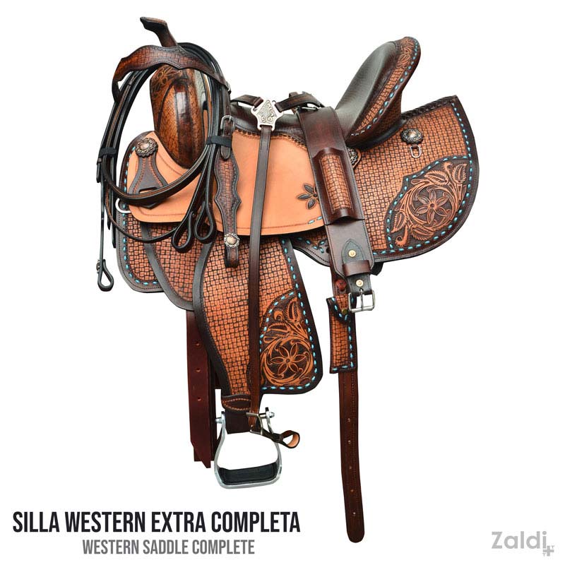 SILLA WESTERN de cuero COMPLETA TOSTADA (riendas, pechera cabezada)