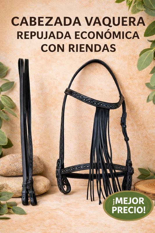 CABEZADA VAQUERA REPUJADA ECONÓMICA CON RIENDAS